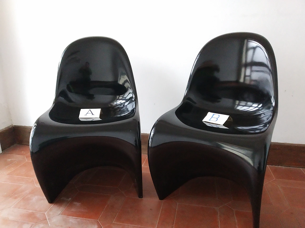 Pair of glossy black Panton Chair Classic chairs by Vitra, 1990s 2