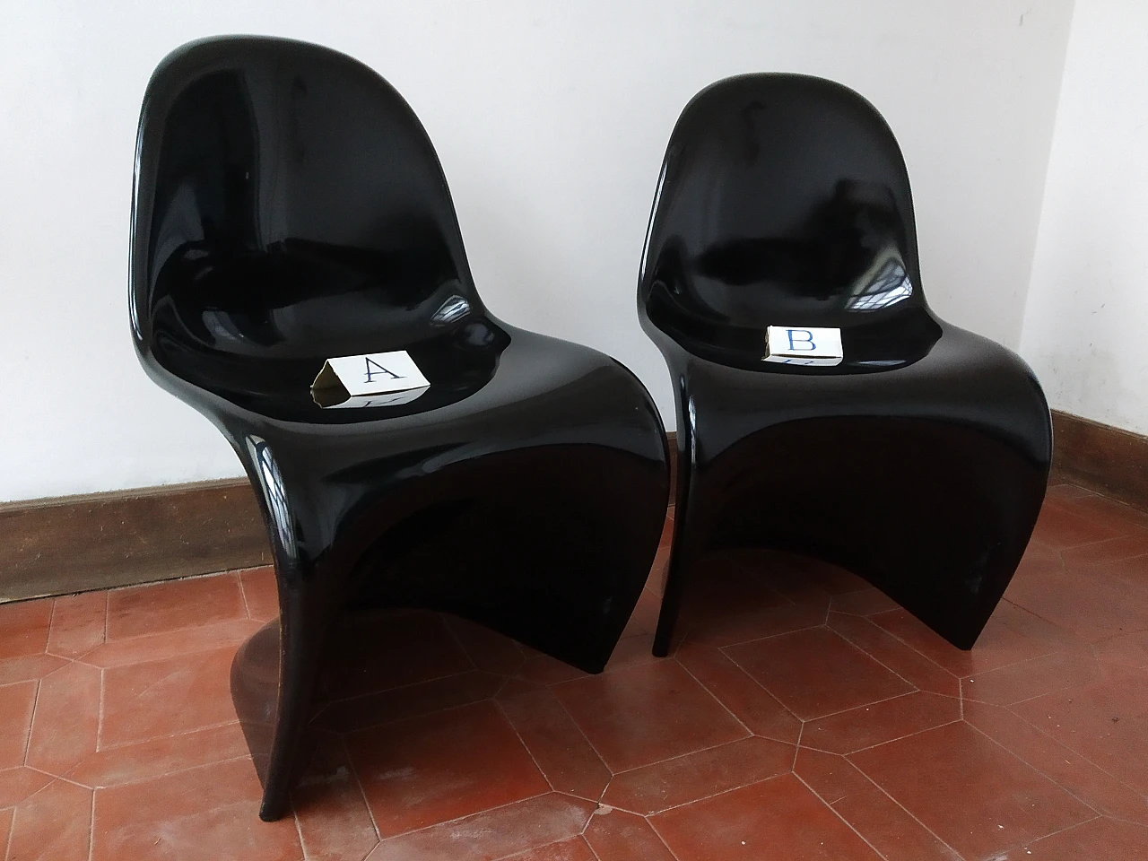 Pair of glossy black Panton Chair Classic chairs by Vitra, 1990s 5