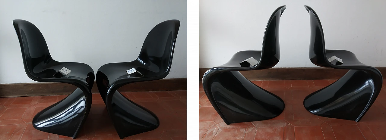 Pair of glossy black Panton Chair Classic chairs by Vitra, 1990s 8