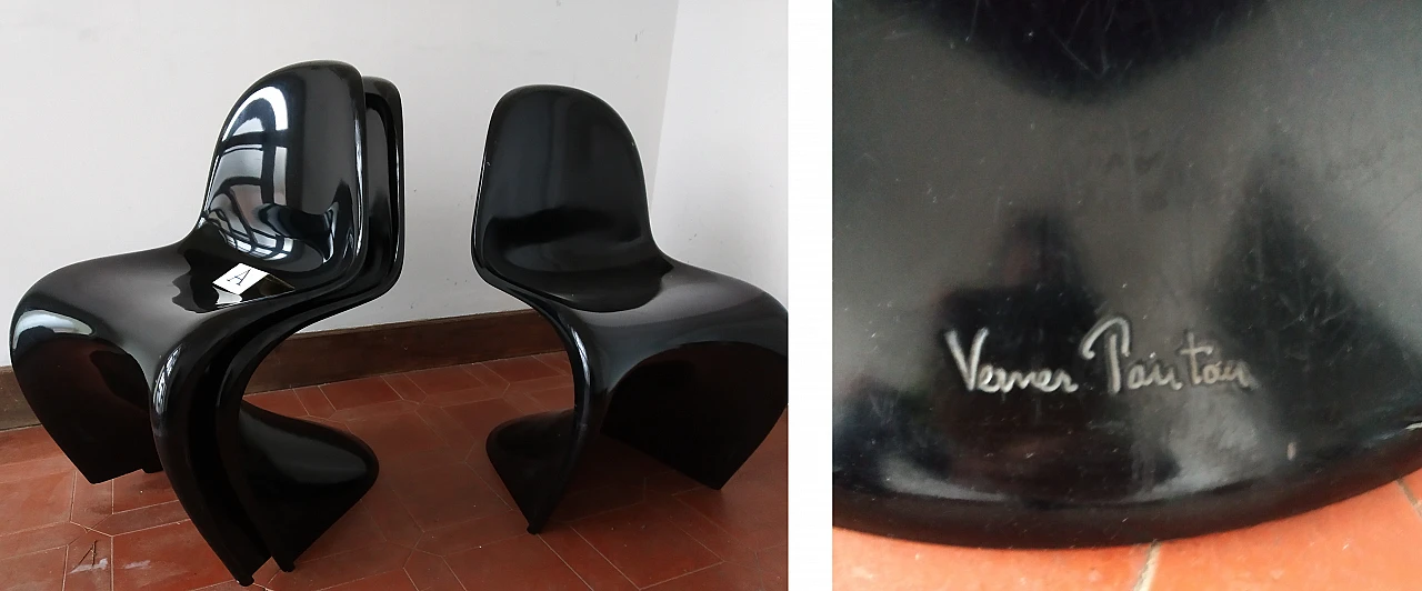 Pair of glossy black Panton Chair Classic chairs by Vitra, 1990s 10