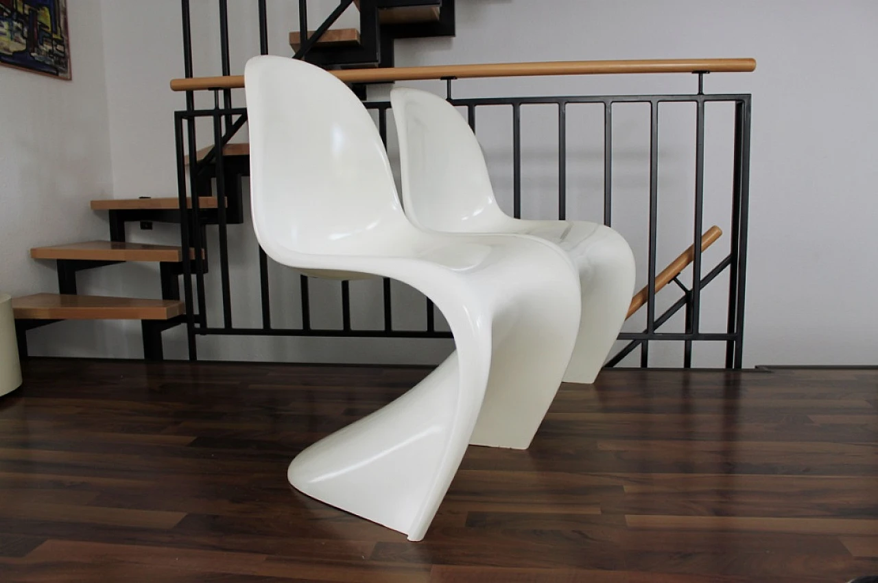 Pair of glossy white Panton Chair Classic chairs by Vitra, 1990s 2