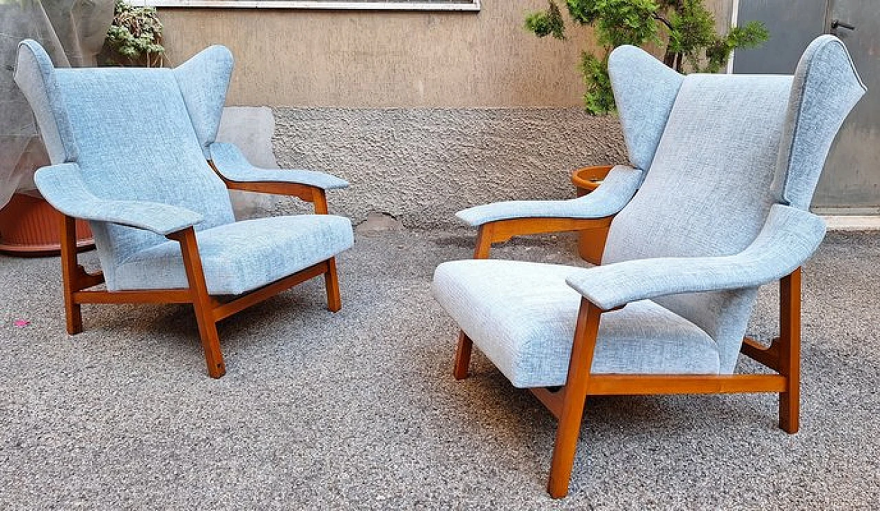 Pair of armchairs in blue fabric by Franco Albini for Cassina, 1950s 1