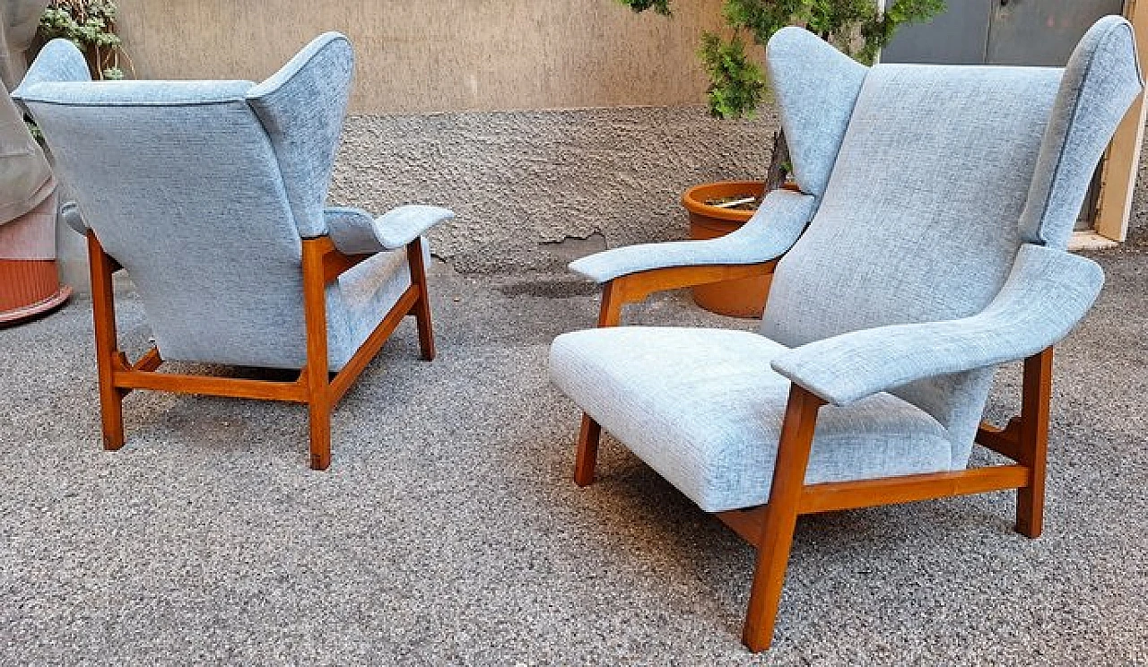 Pair of armchairs in blue fabric by Franco Albini for Cassina, 1950s 2