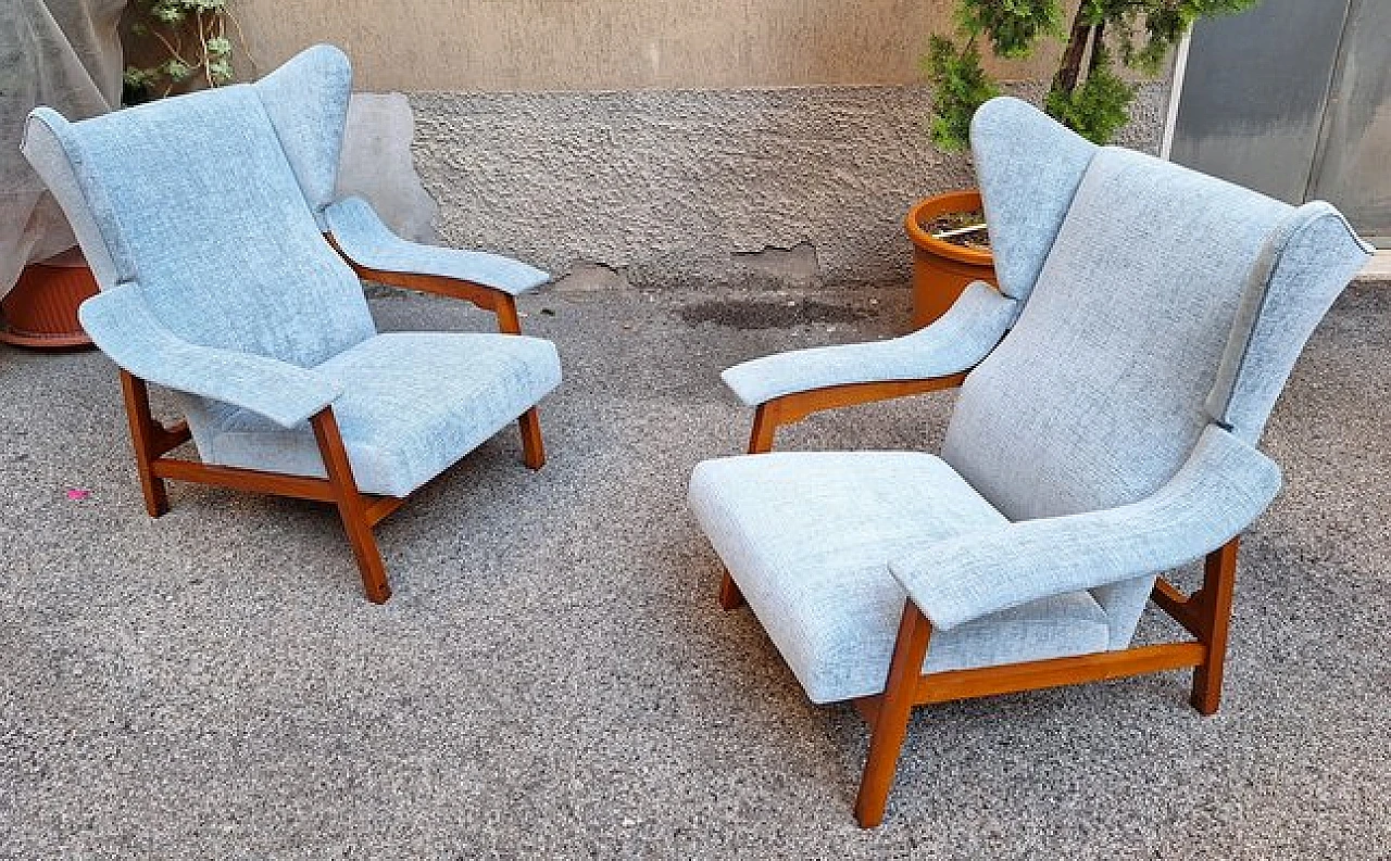 Pair of armchairs in blue fabric by Franco Albini for Cassina, 1950s 3