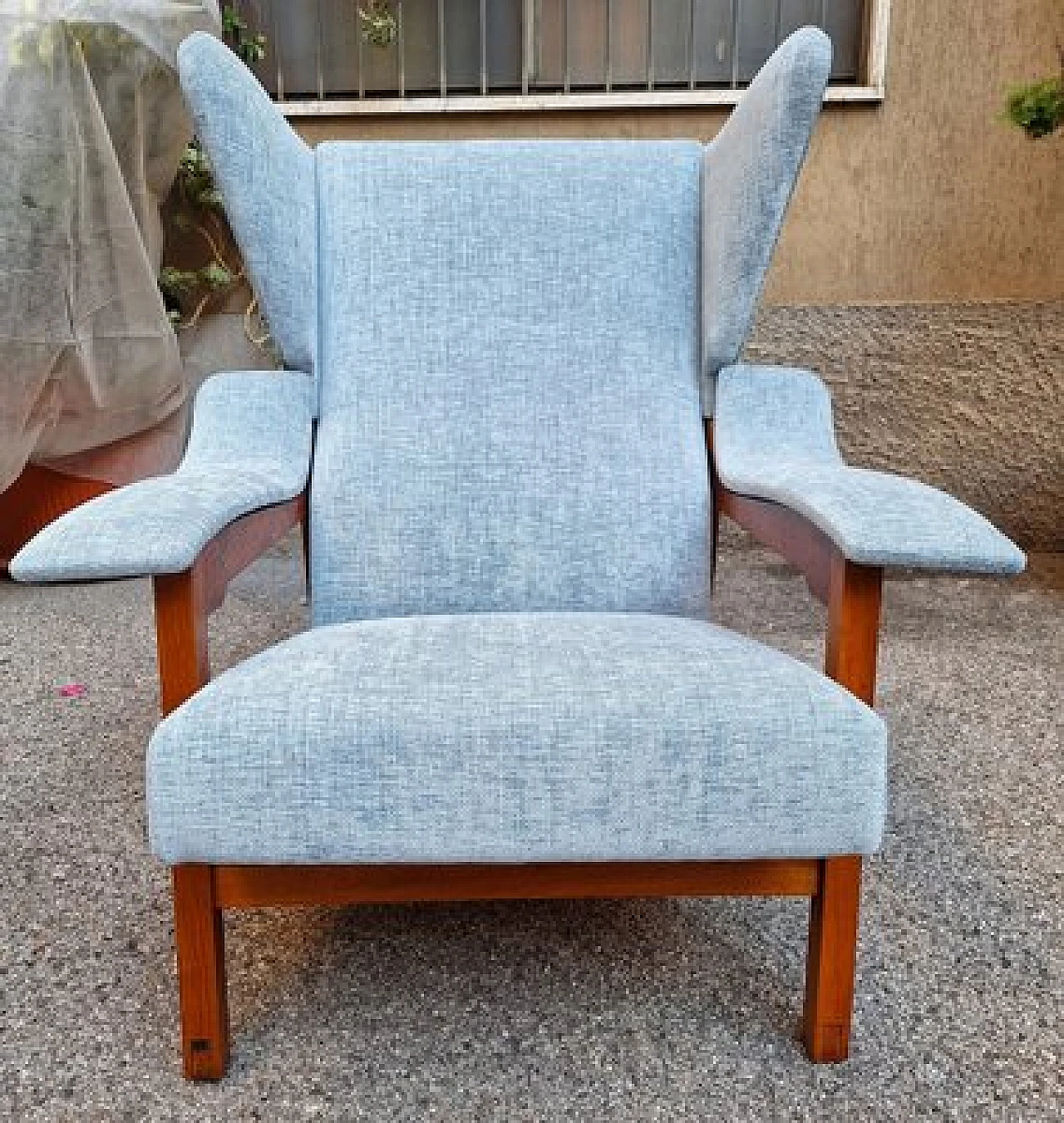 Pair of armchairs in blue fabric by Franco Albini for Cassina, 1950s 6