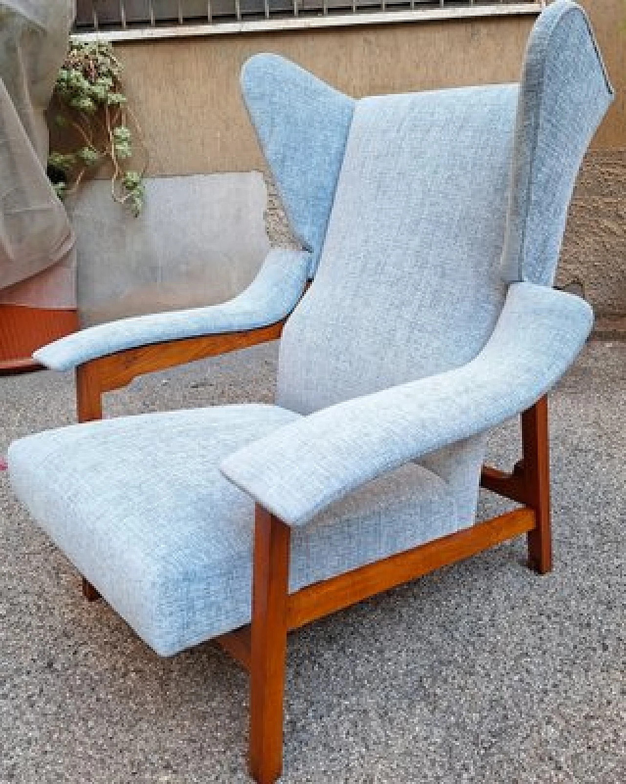 Pair of armchairs in blue fabric by Franco Albini for Cassina, 1950s 8