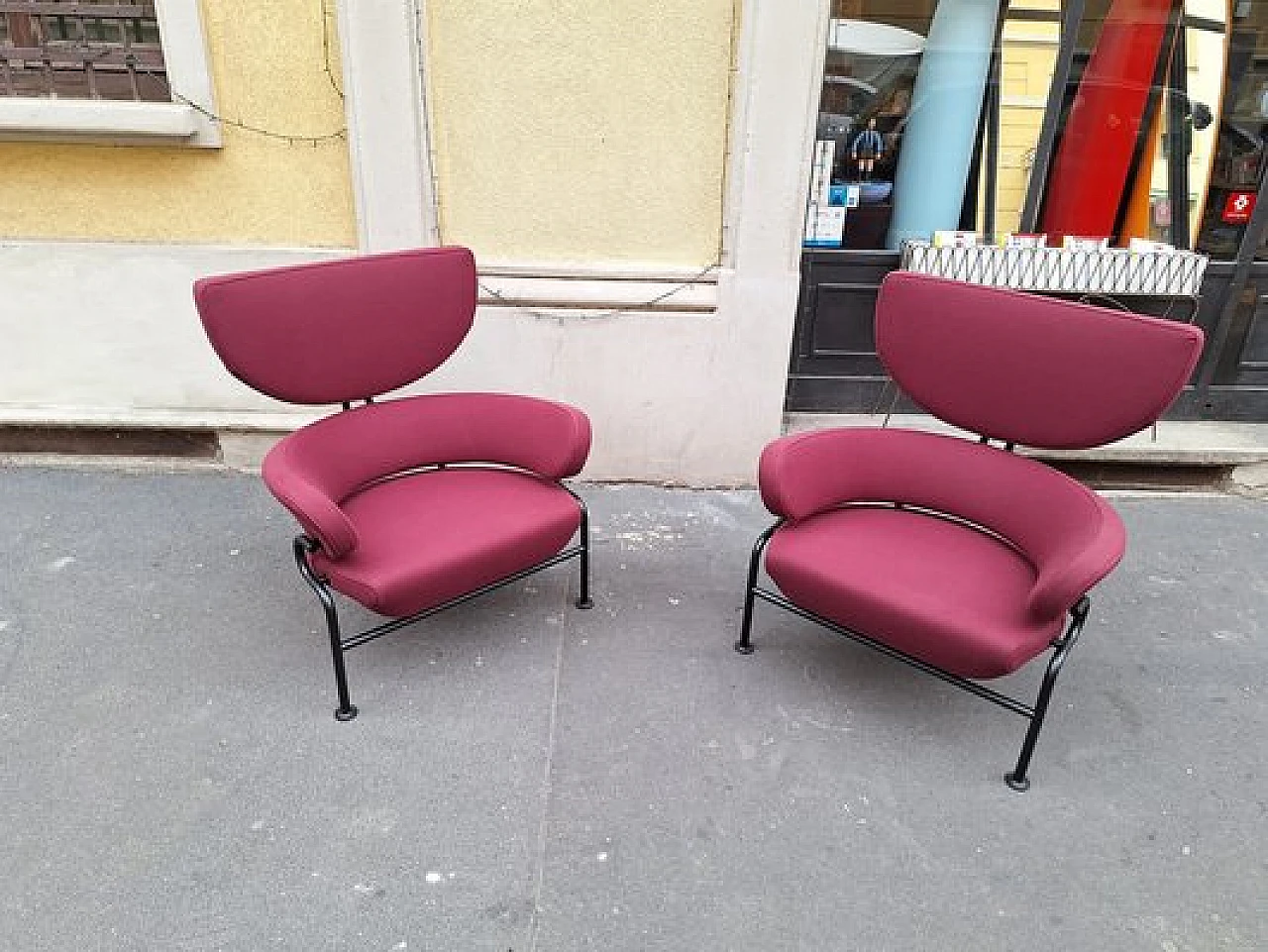 Pair of burgundy armchairs by Franco Albini for Cassina, 1990s 1