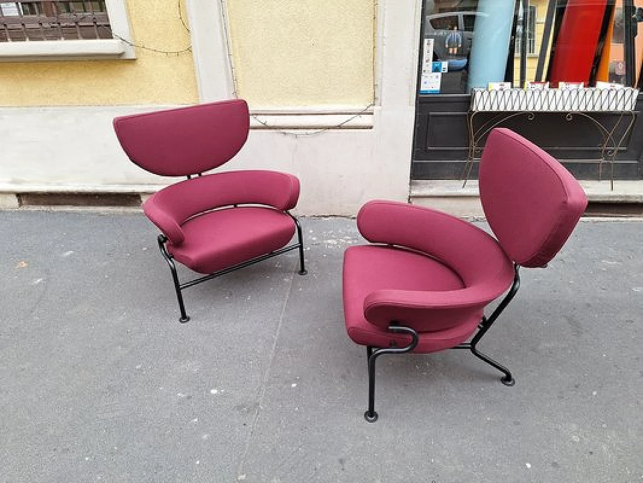 Pair of burgundy armchairs by Franco Albini for Cassina, 1990s 4