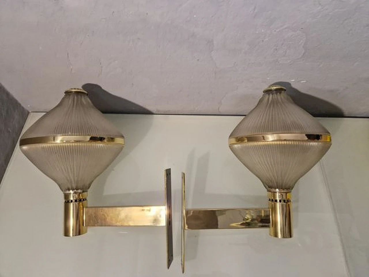 Pair of wall sconces in glass & brass by BBPR for Artemide, 1960s 13