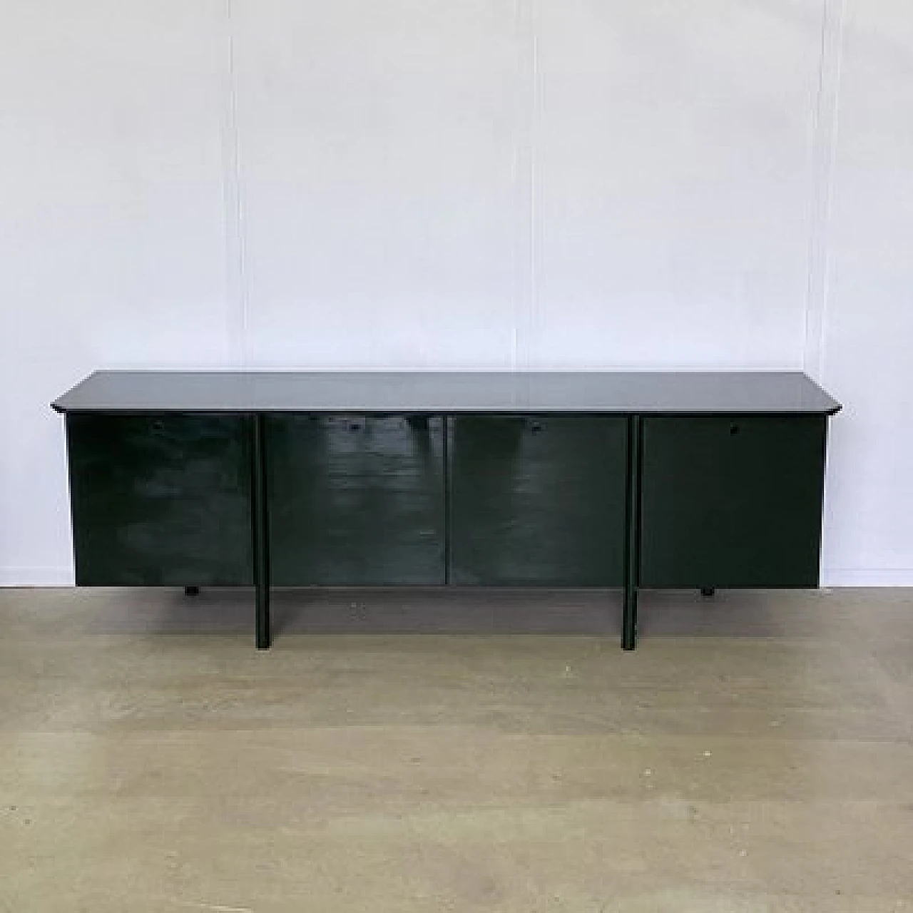 Green lacquered maple, metal and smoked glass sideboard, 1970s 1