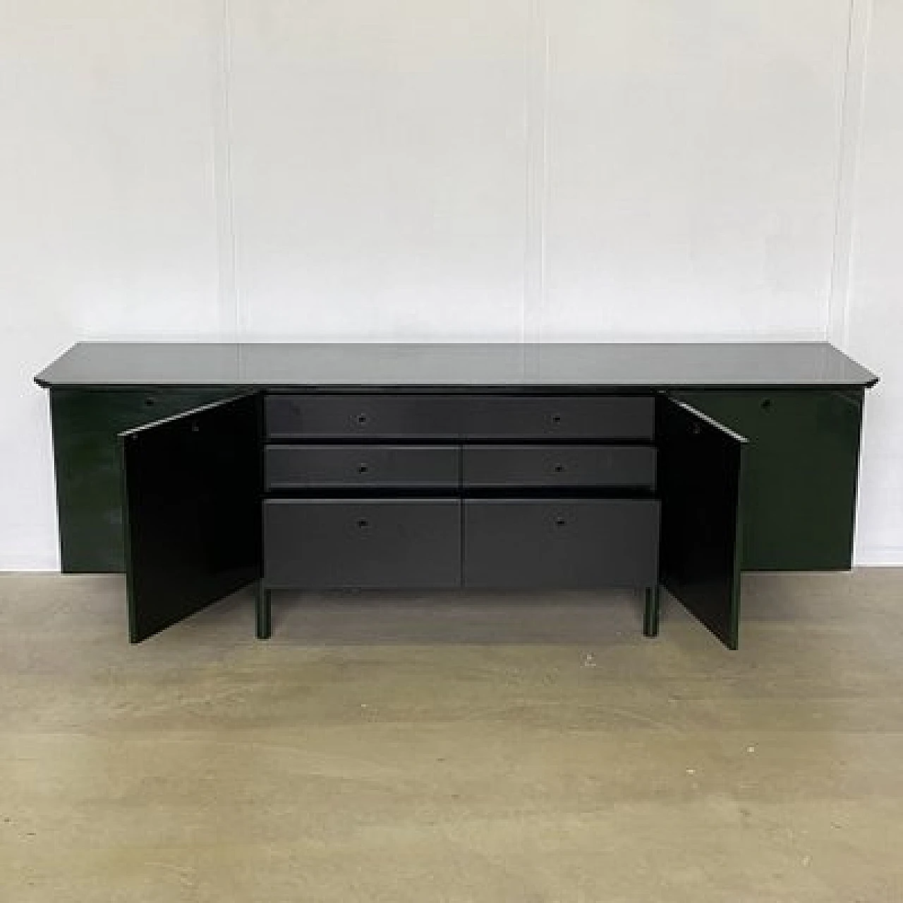 Green lacquered maple, metal and smoked glass sideboard, 1970s 2