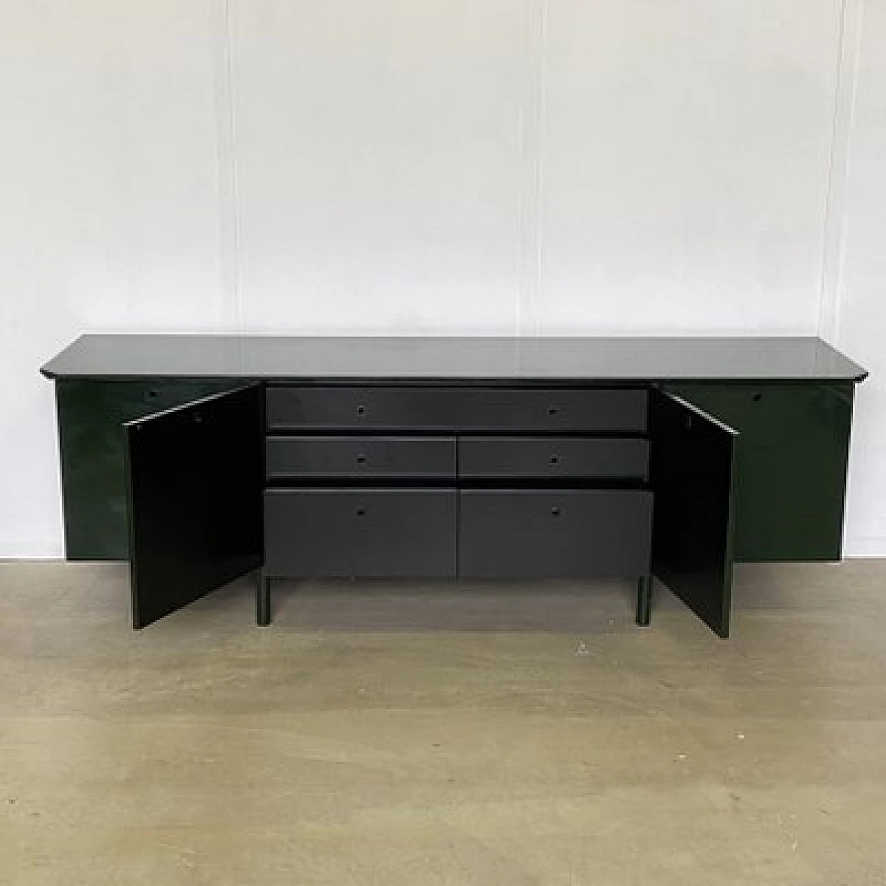 Green lacquered maple, metal and smoked glass sideboard, 1970s 4