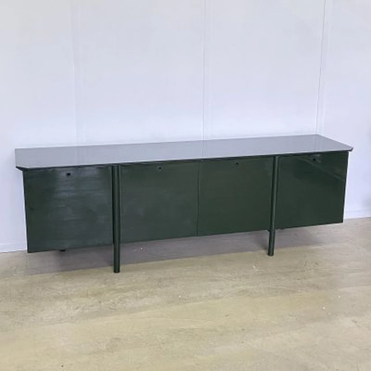 Green lacquered maple, metal and smoked glass sideboard, 1970s 5