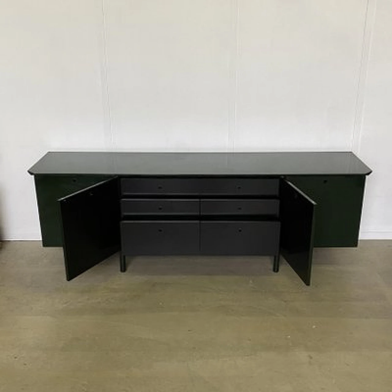 Green lacquered maple, metal and smoked glass sideboard, 1970s 7