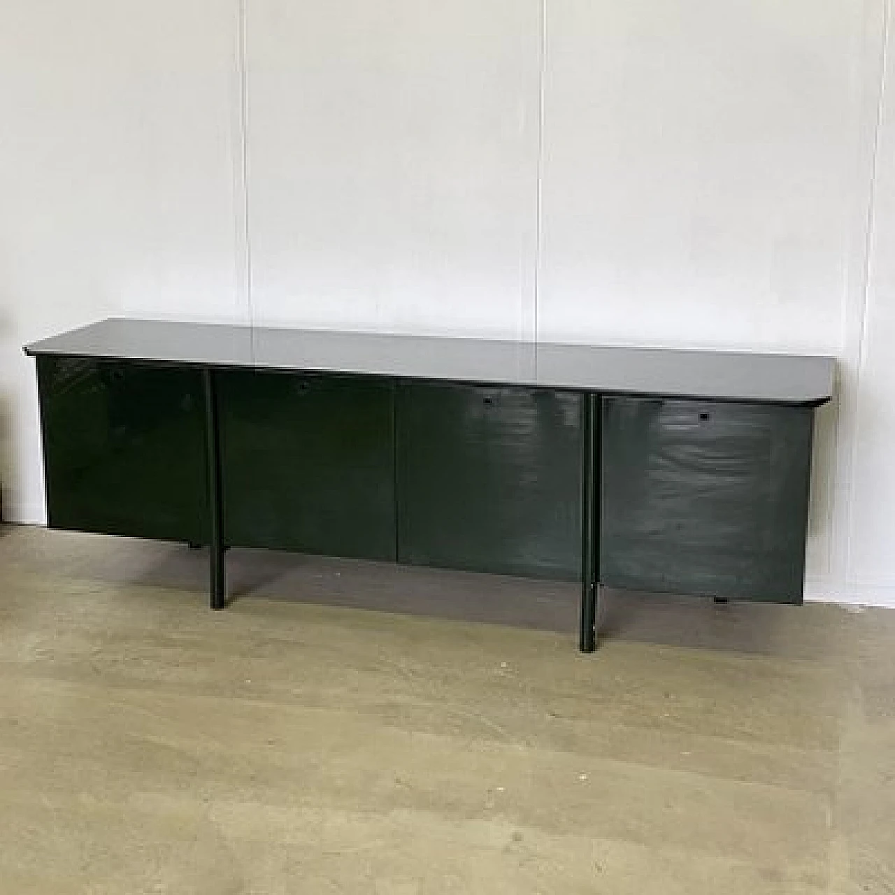 Green lacquered maple, metal and smoked glass sideboard, 1970s 8