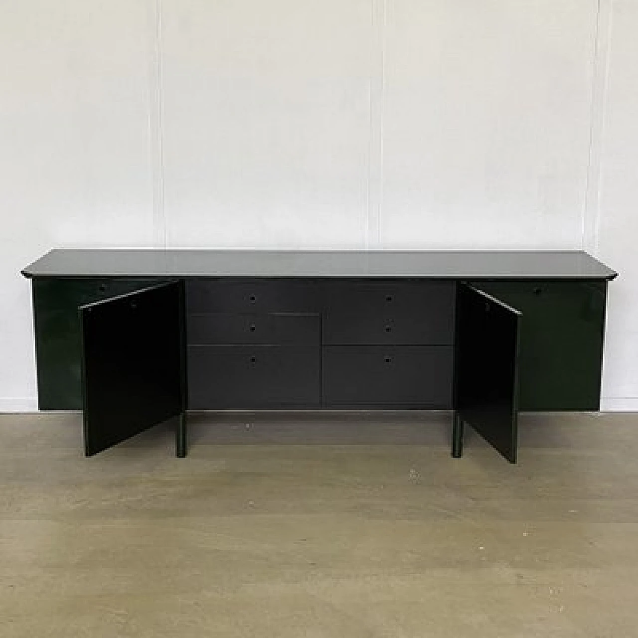 Green lacquered maple, metal and smoked glass sideboard, 1970s 9