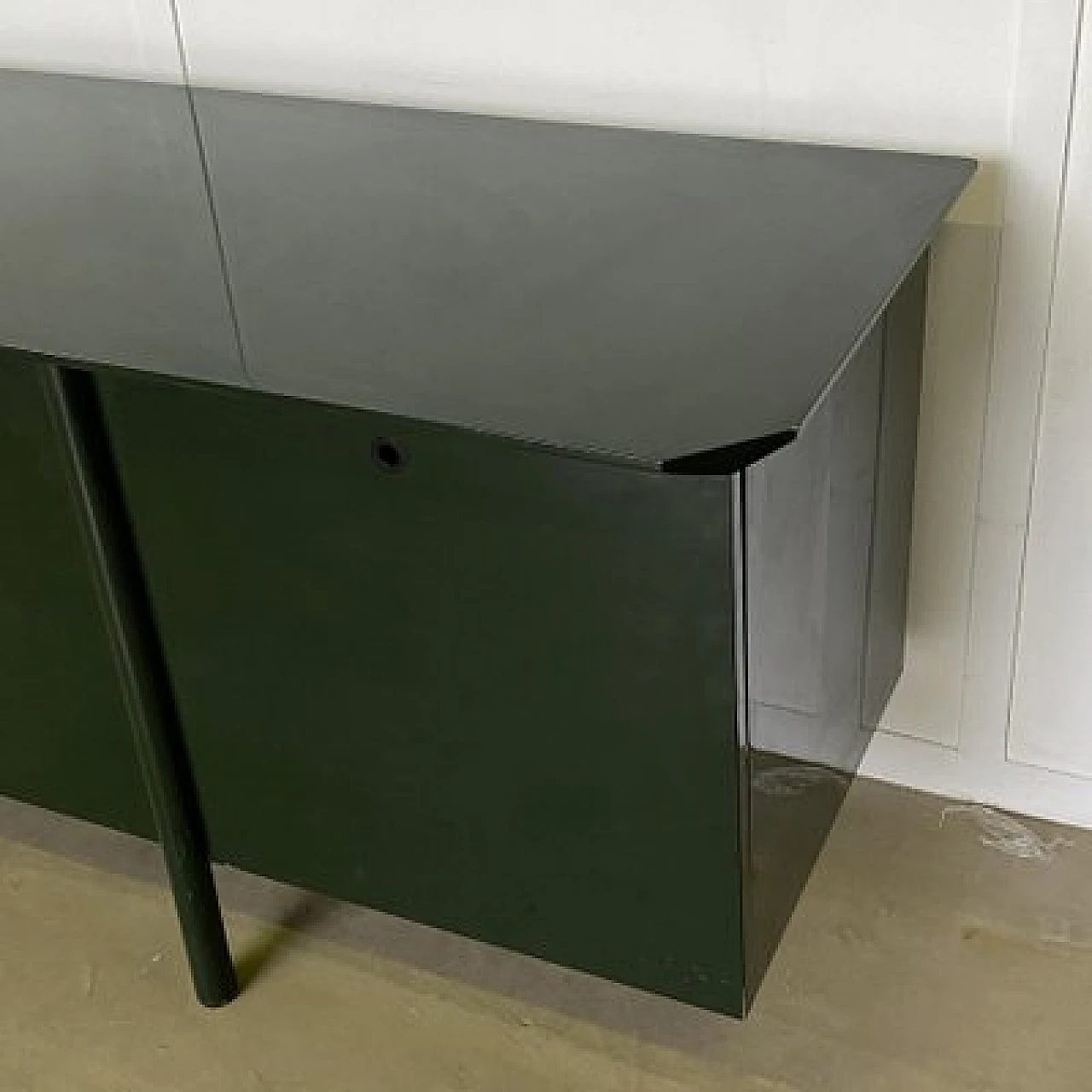 Green lacquered maple, metal and smoked glass sideboard, 1970s 11