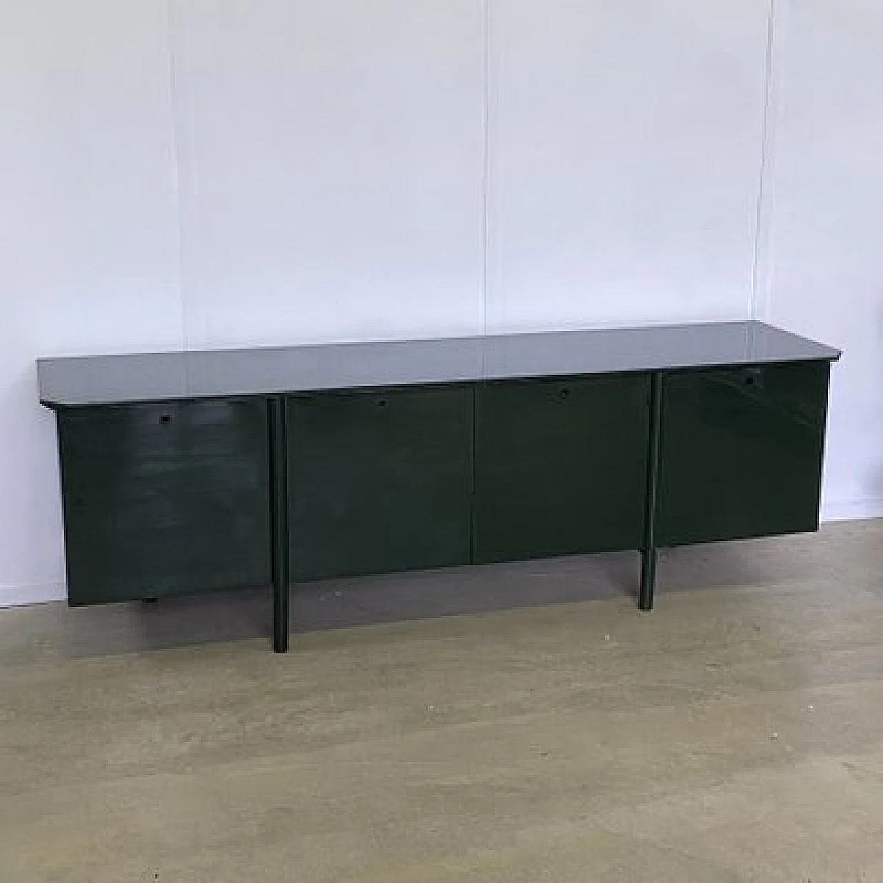 Green lacquered maple, metal and smoked glass sideboard, 1970s 14