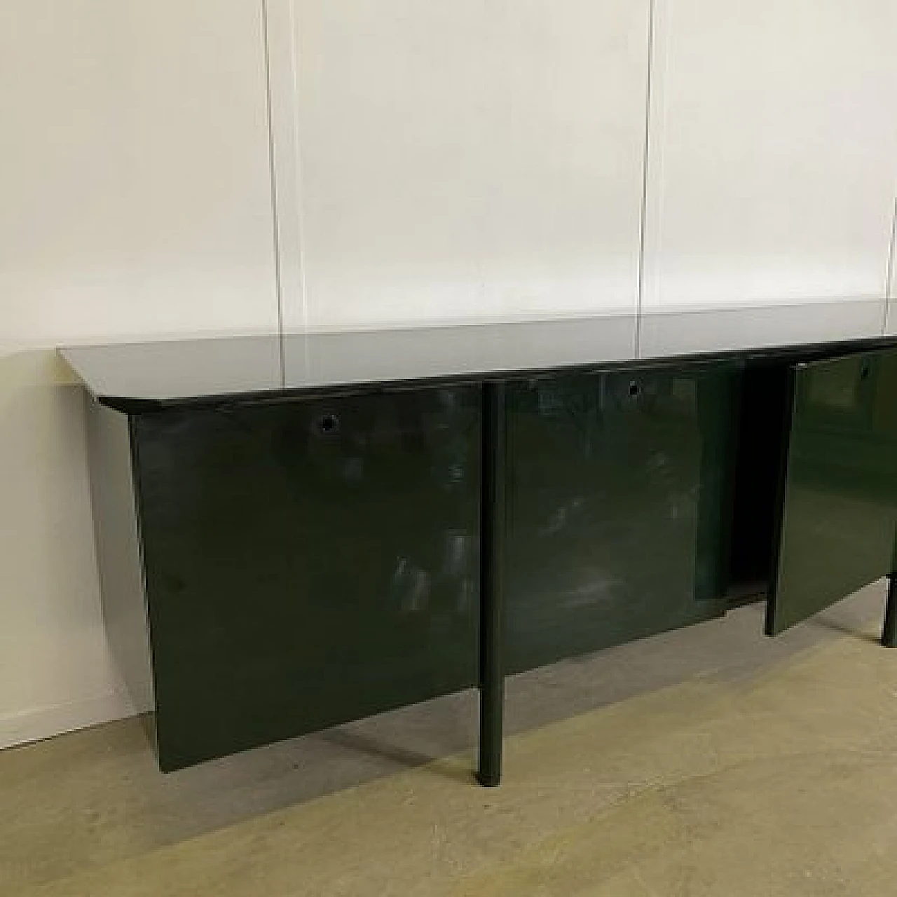 Green lacquered maple, metal and smoked glass sideboard, 1970s 16