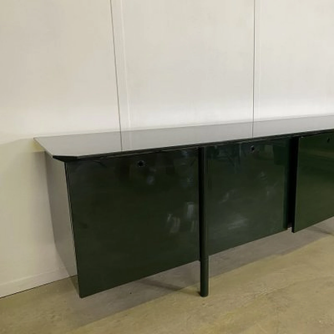 Green lacquered maple, metal and smoked glass sideboard, 1970s 17