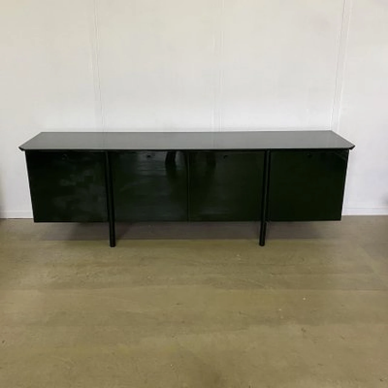 Green lacquered maple, metal and smoked glass sideboard, 1970s 18