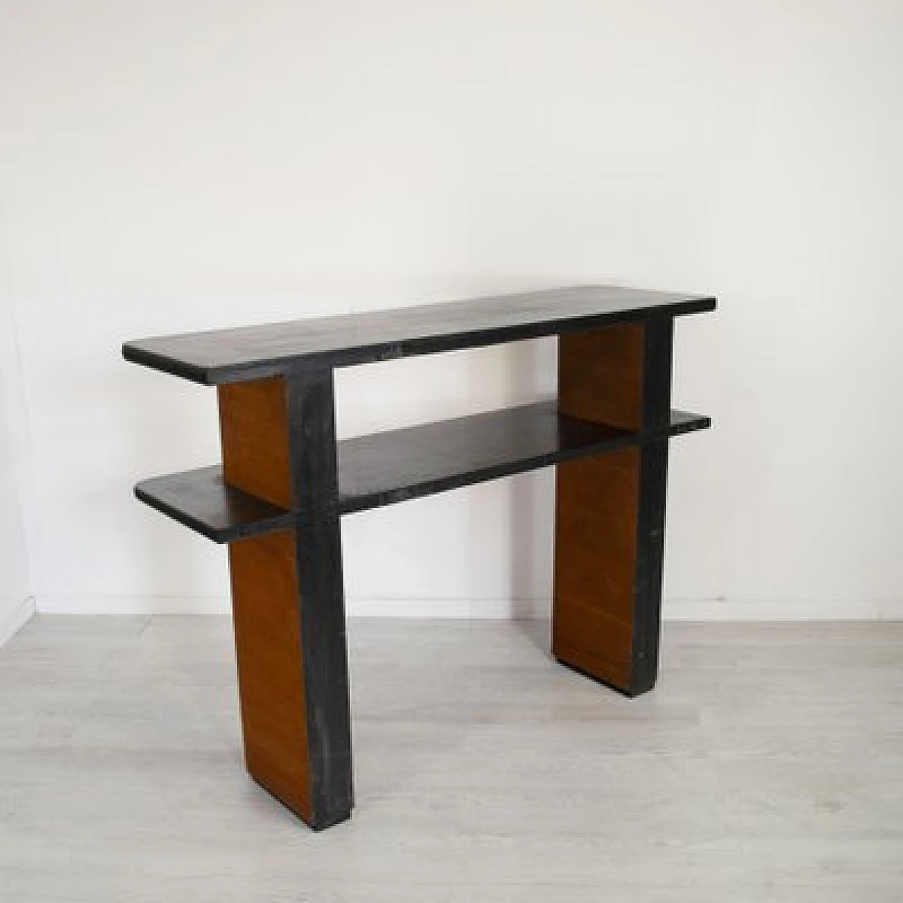 Art Deco walnut console with double black lacquered shelf, 1940s 1