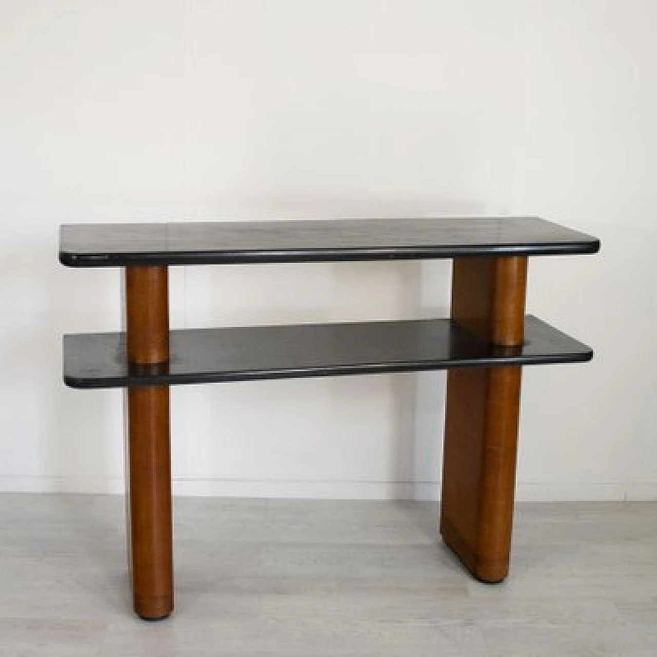 Art Deco walnut console with double black lacquered shelf, 1940s 3