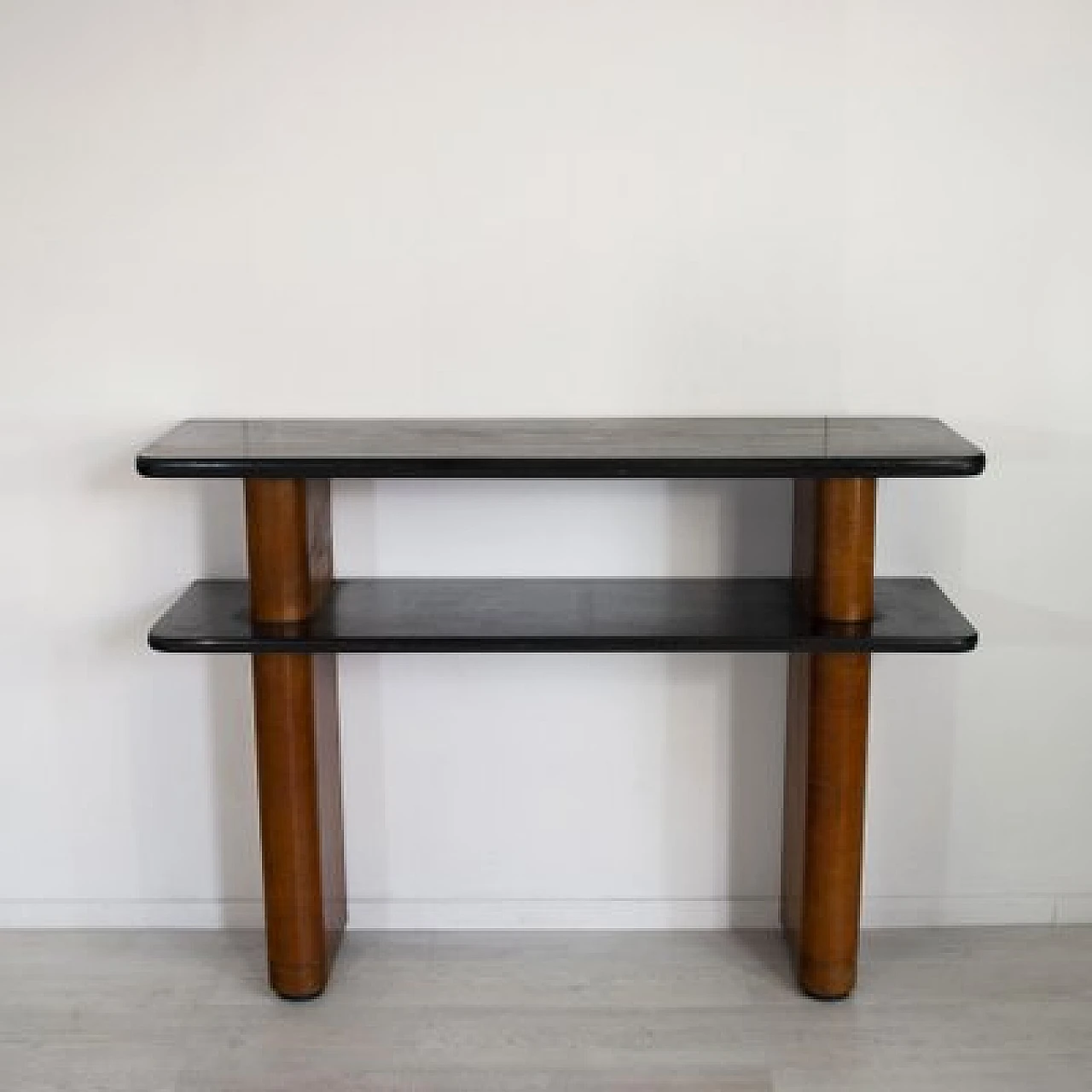 Art Deco walnut console with double black lacquered shelf, 1940s 4