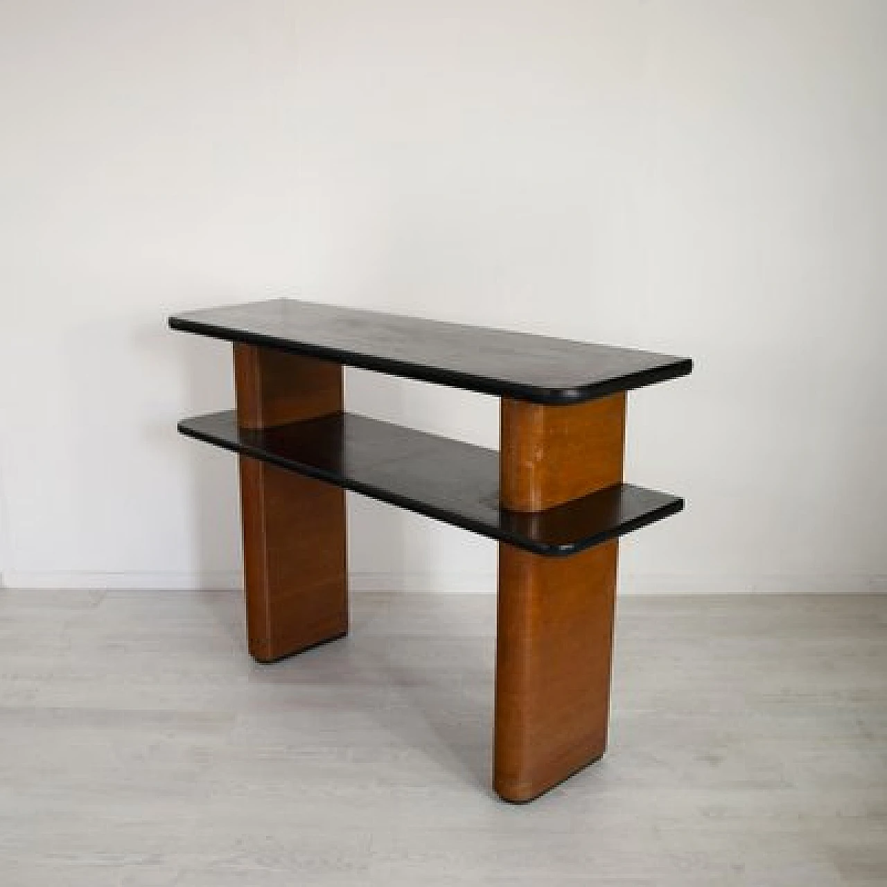 Art Deco walnut console with double black lacquered shelf, 1940s 5