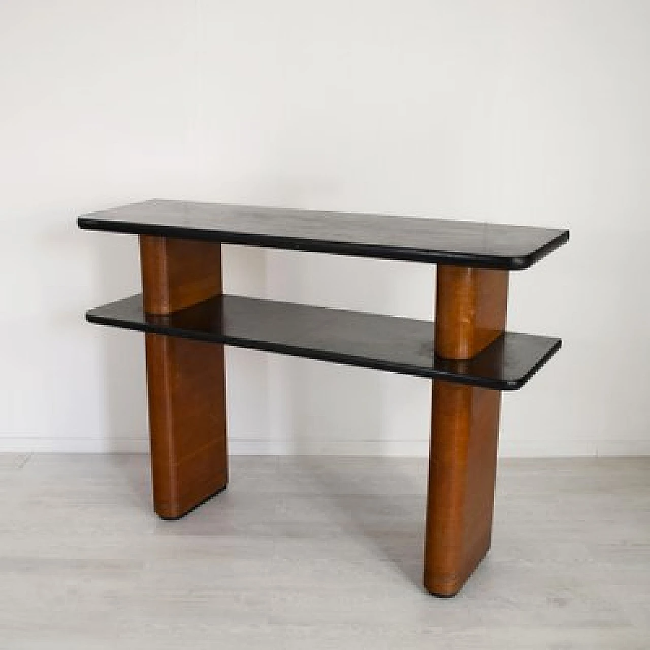 Art Deco walnut console with double black lacquered shelf, 1940s 6