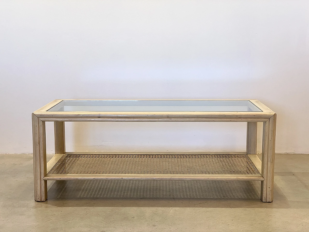 Oak, glass and Vienna straw coffee table by McGuire, 1970s 1