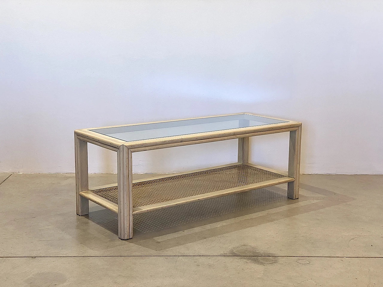 Oak, glass and Vienna straw coffee table by McGuire, 1970s 2