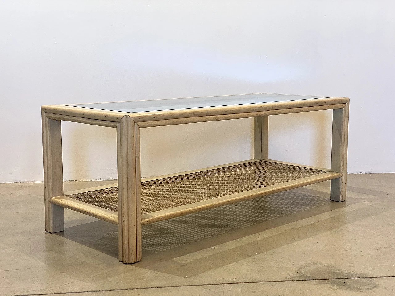 Oak, glass and Vienna straw coffee table by McGuire, 1970s 4