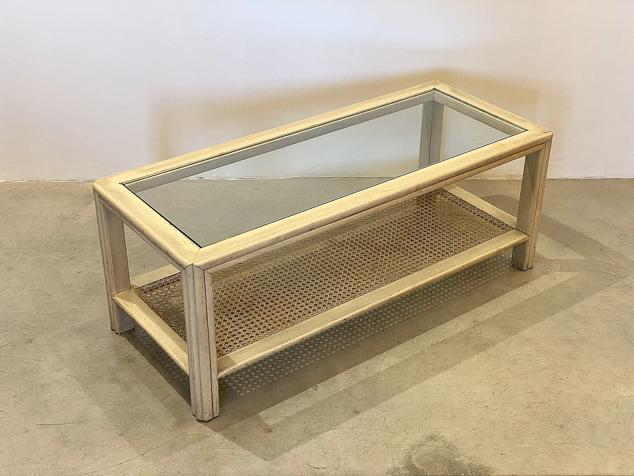 Oak, glass and Vienna straw coffee table by McGuire, 1970s 8