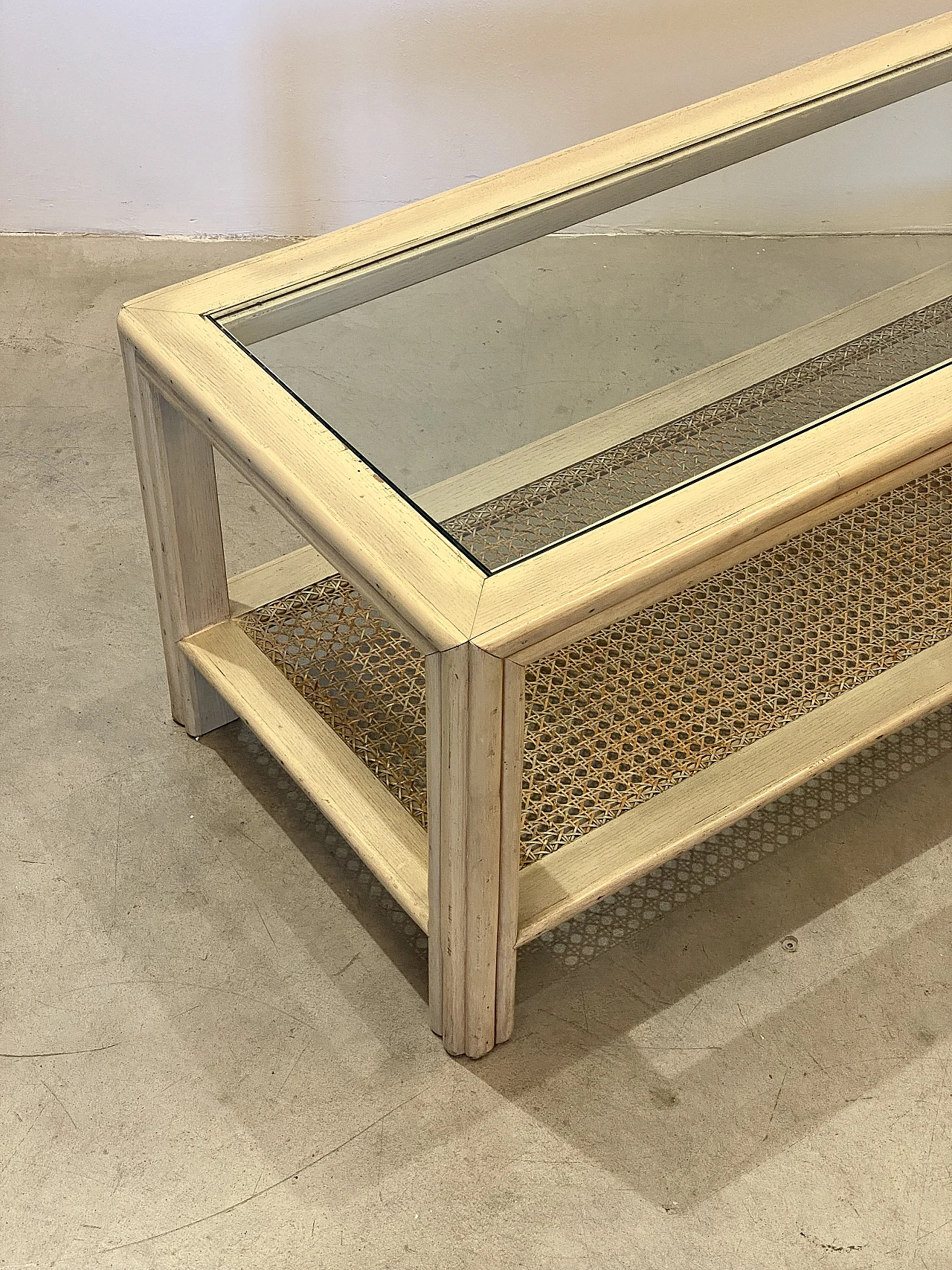 Oak, glass and Vienna straw coffee table by McGuire, 1970s 9