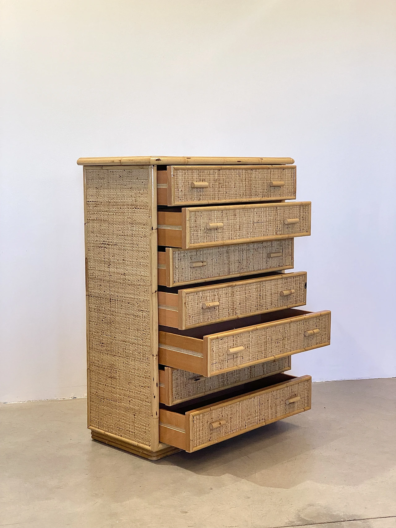 Bamboo and wicker weekly chest of drawers, 1970s 3