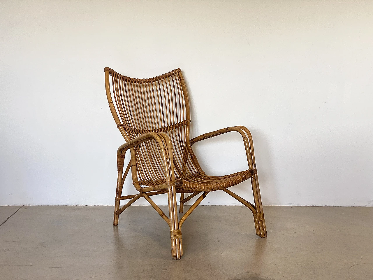 Pair of reed and bamboo armchairs, 1970s 1