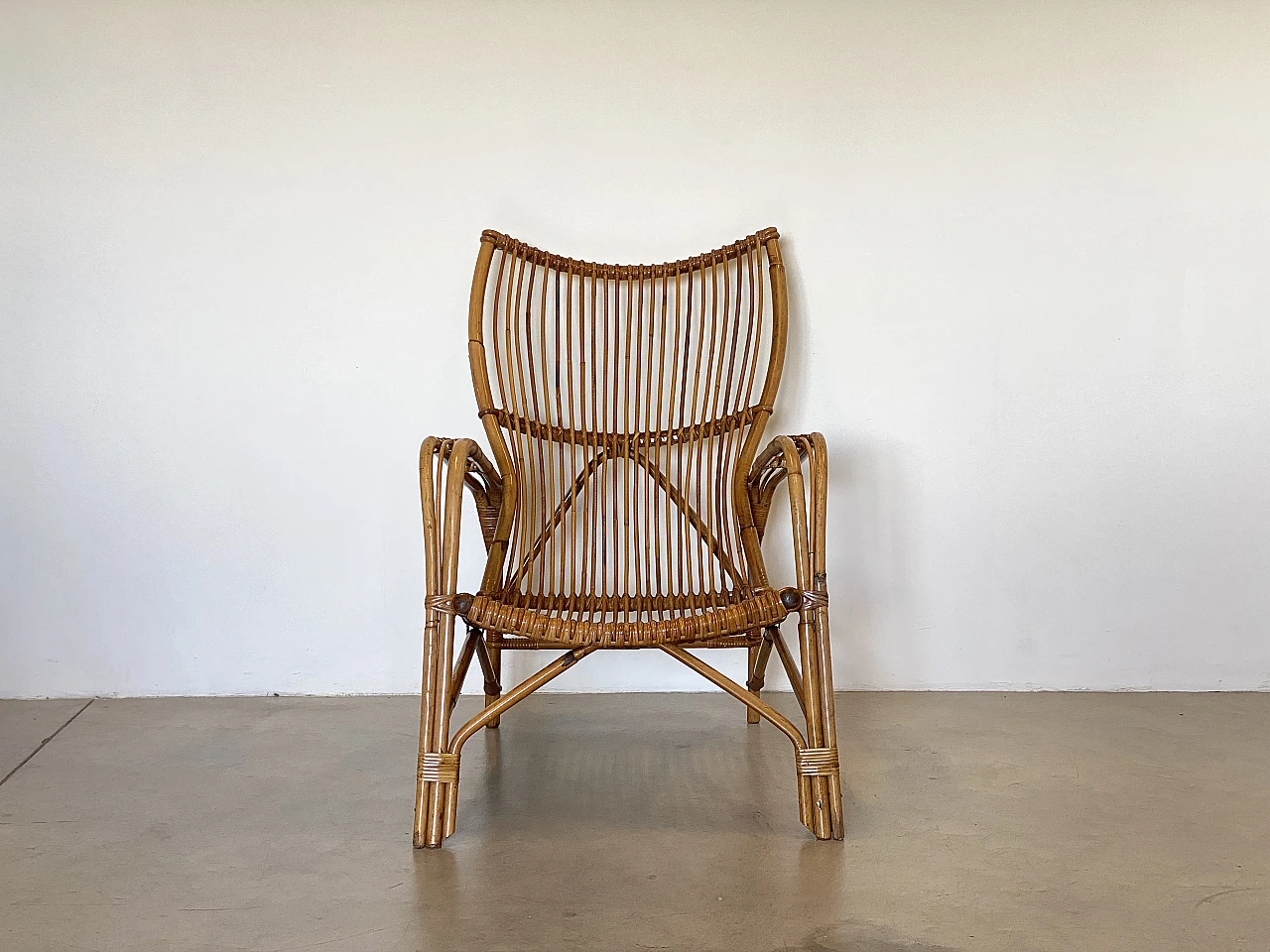 Pair of reed and bamboo armchairs, 1970s 2