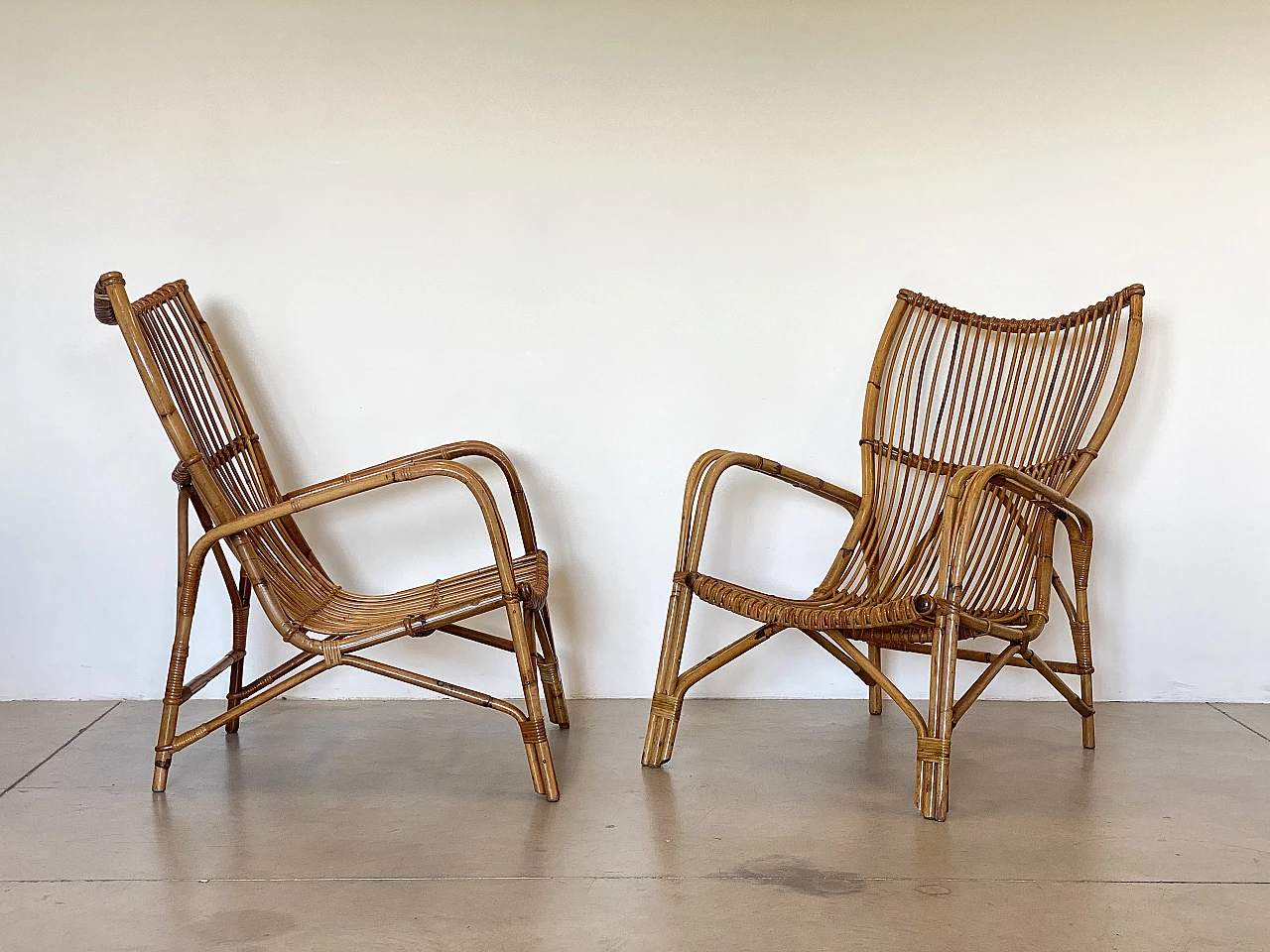 Pair of reed and bamboo armchairs, 1970s 3