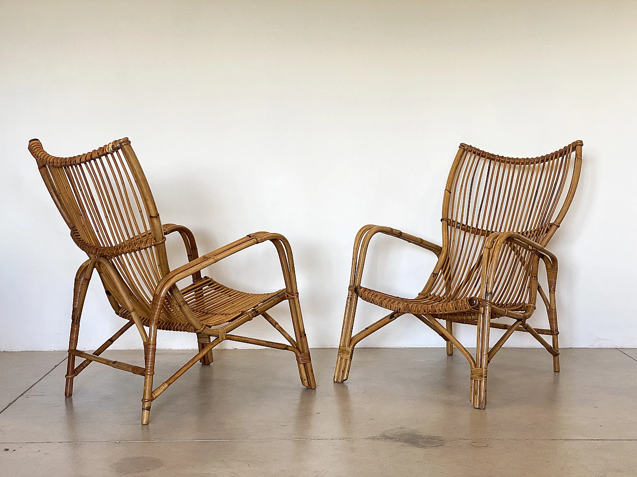 Pair of reed and bamboo armchairs, 1970s 4