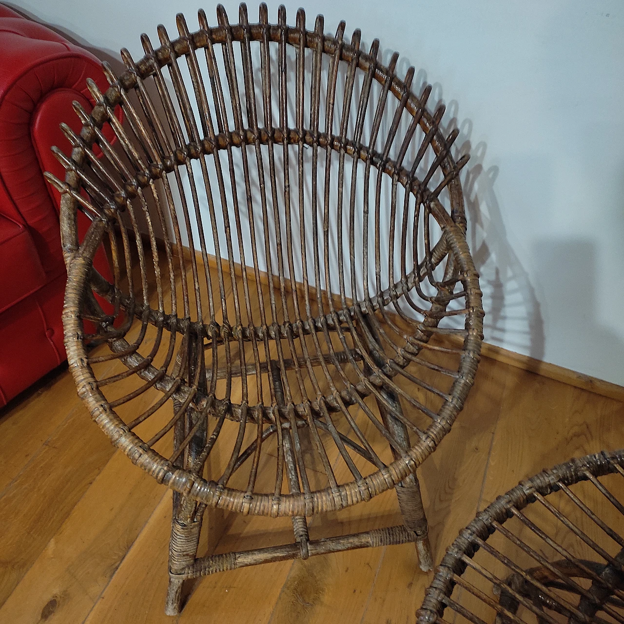 Pair of wicker and bentwood armchairs by F. Albini, 1960s 1