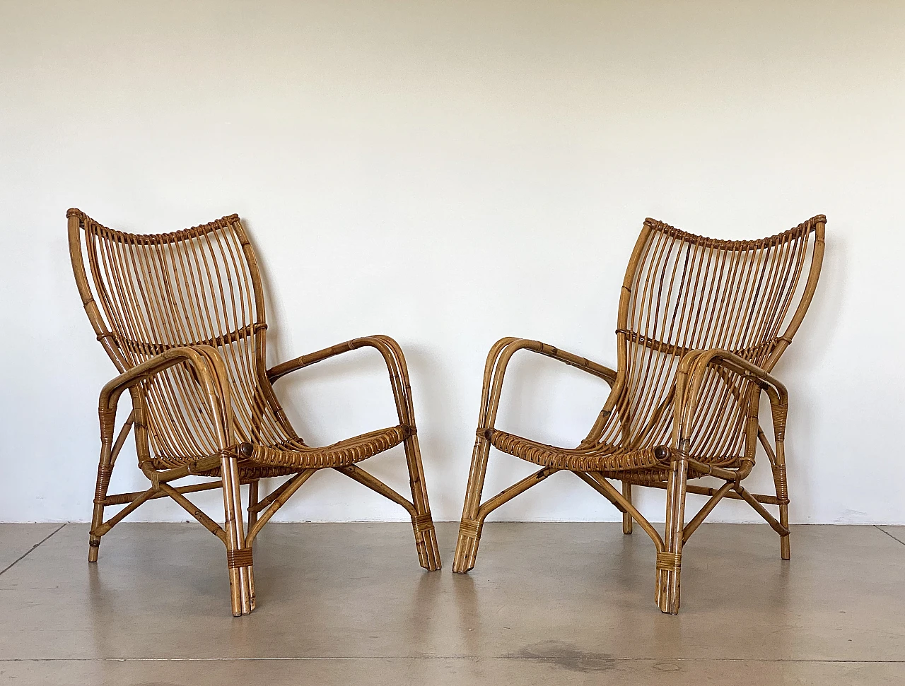 Pair of reed and bamboo armchairs, 1970s 6