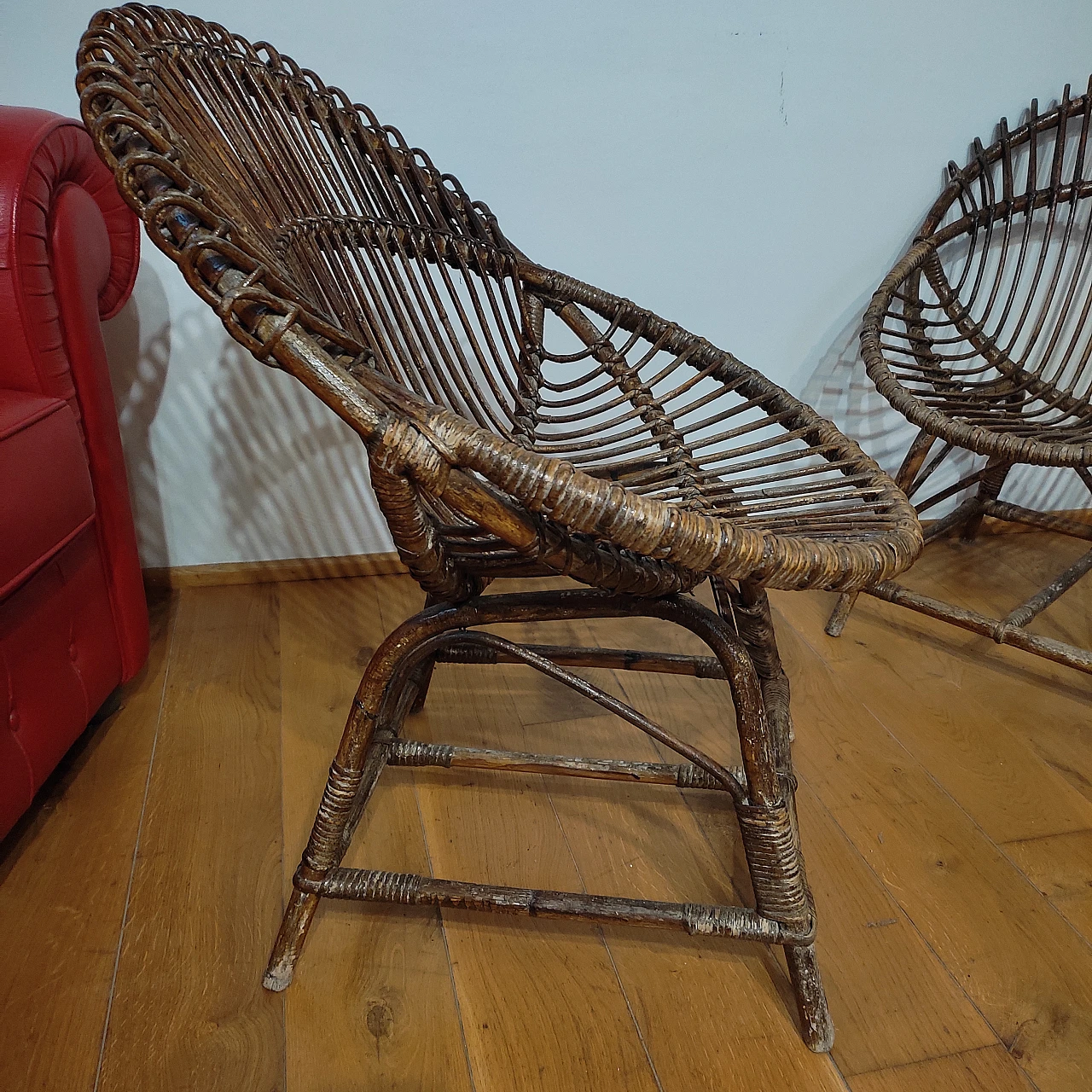 Pair of wicker and bentwood armchairs by F. Albini, 1960s 4