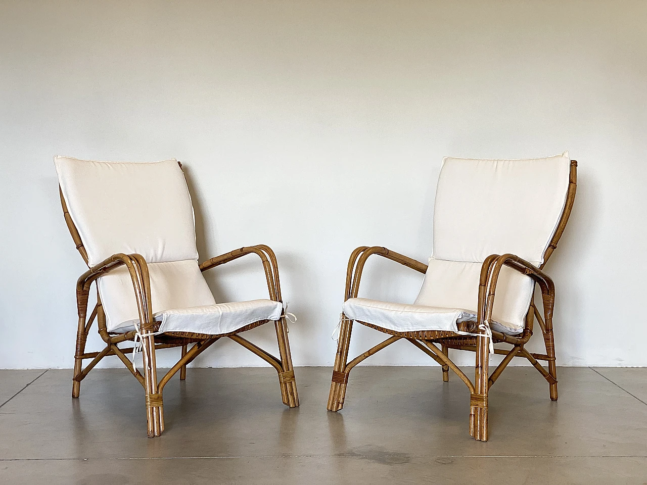 Pair of reed and bamboo armchairs, 1970s 15