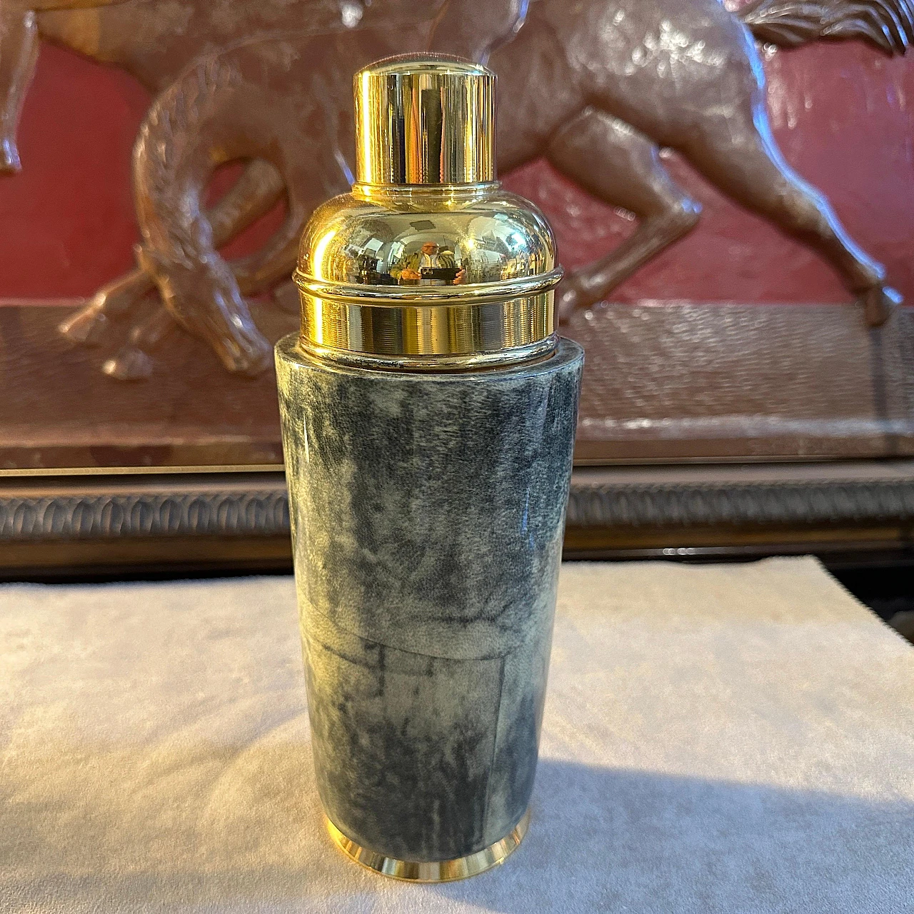 Green goatskin and brass shaker by Aldo Tura, 1950s 2