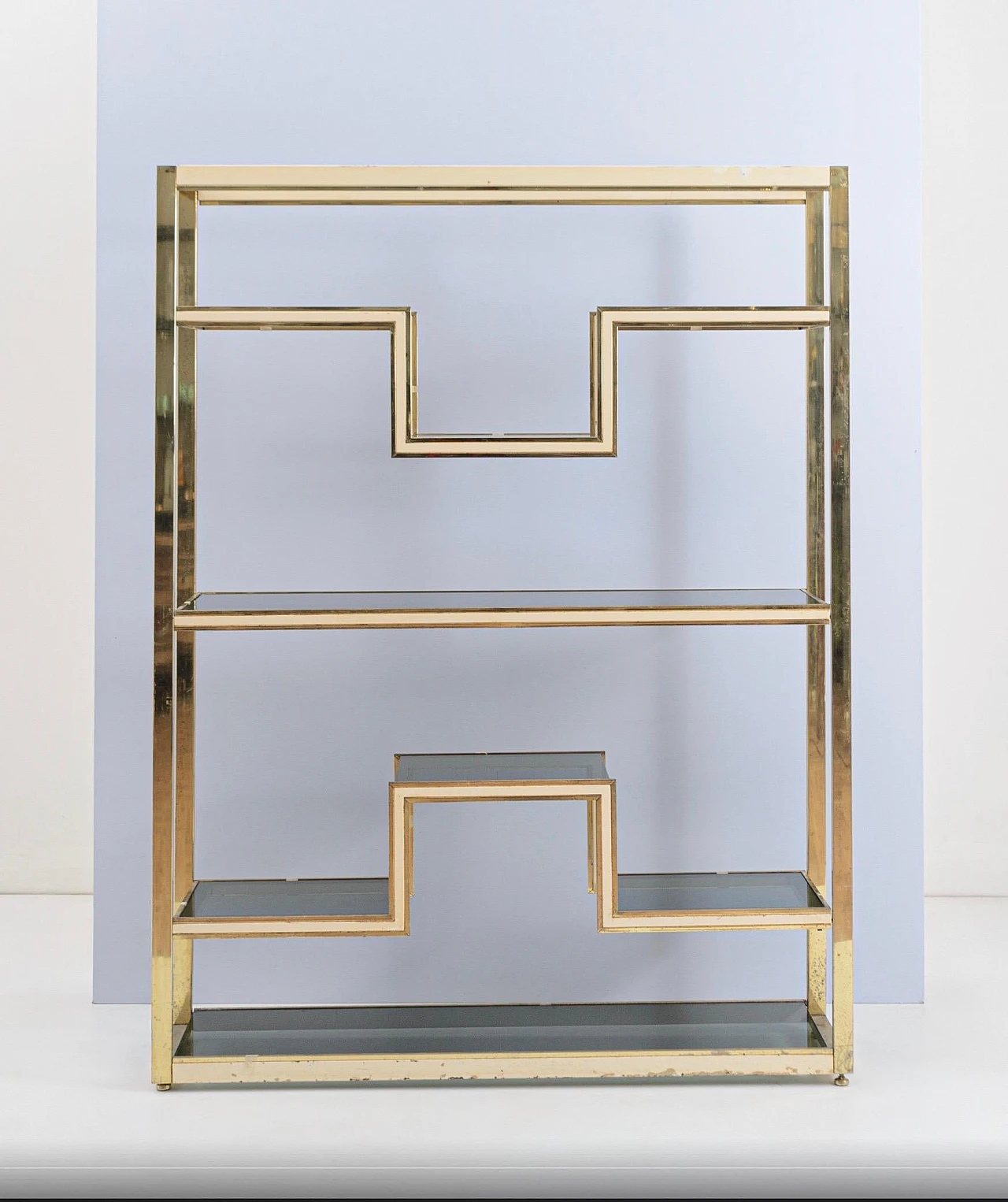 Ivory painted metal, brass and smoked glass bookcase, 1970s 2