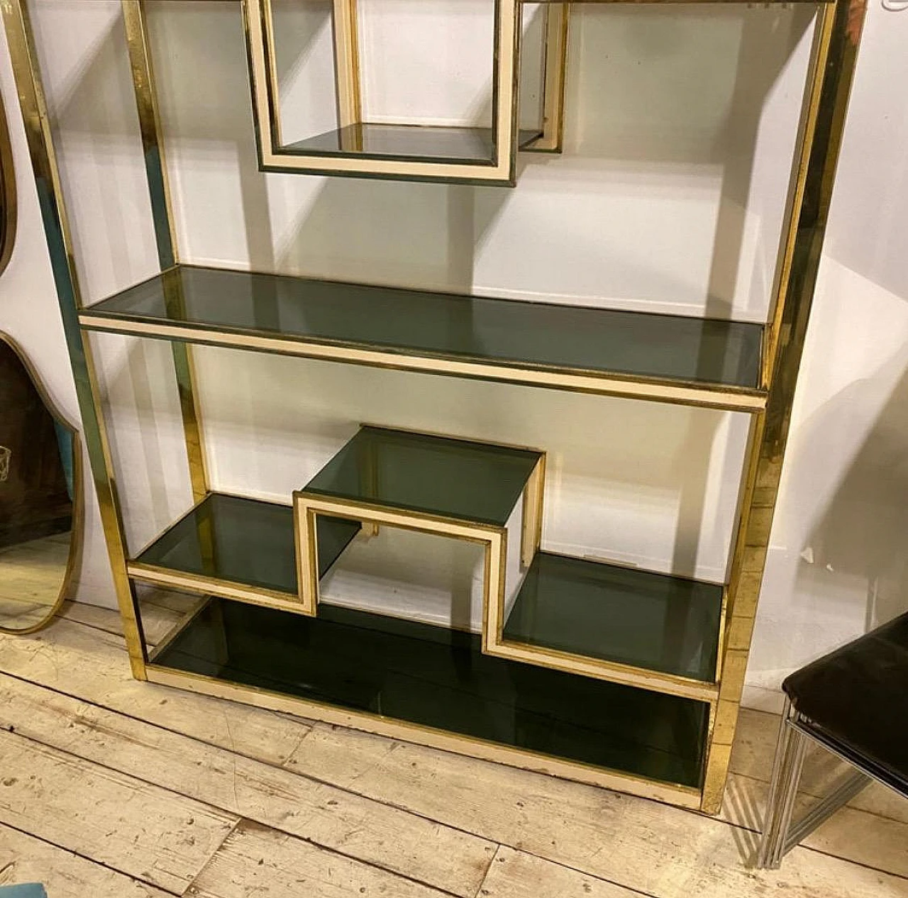 Ivory painted metal, brass and smoked glass bookcase, 1970s 3