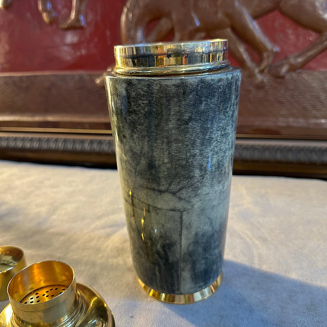 Green goatskin and brass shaker by Aldo Tura, 1950s 7