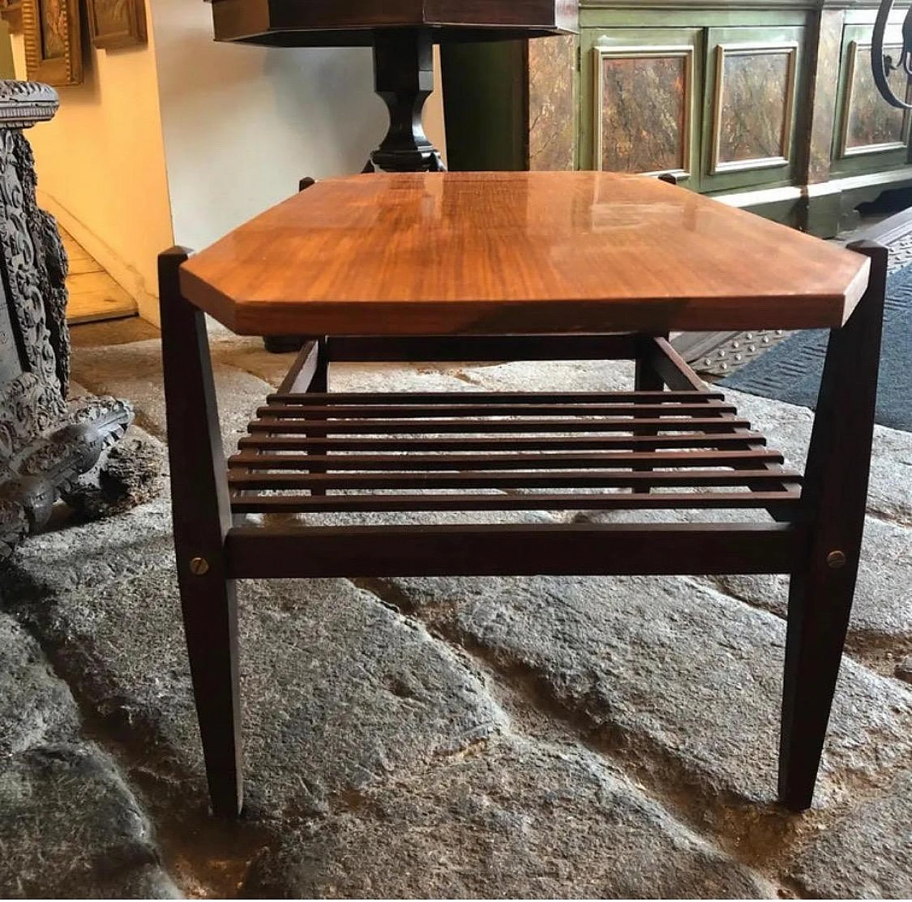 Teak and mahogany coffee table with magazine rack shelf, 1960s 3