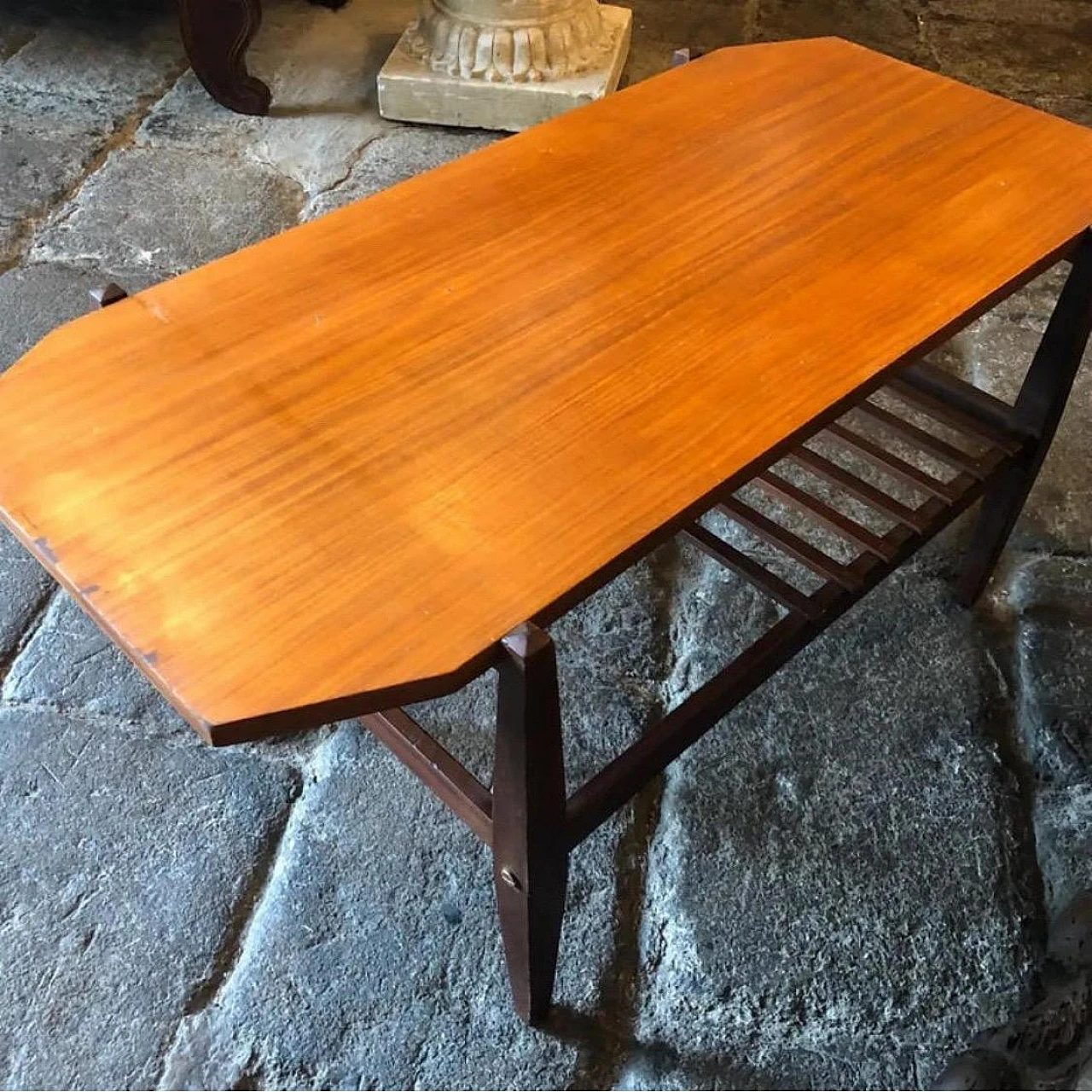 Teak and mahogany coffee table with magazine rack shelf, 1960s 4